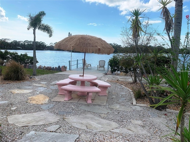 view of patio / terrace featuring a water view