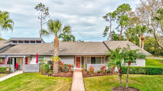 ranch-style house with a porch and a front lawn