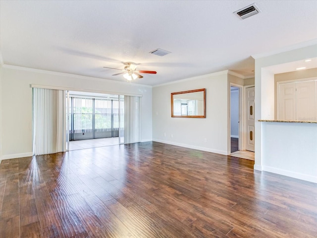 unfurnished living room featuring ceiling fan, ornamental molding, and dark hardwood / wood-style floors