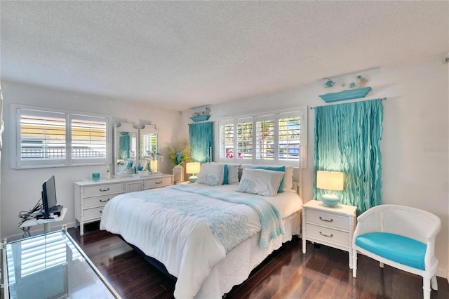 2589 Redwood Cir, Clearwater, FL 33763 - bedroom with a textured ceiling, dark wood finished floors, and multiple windows