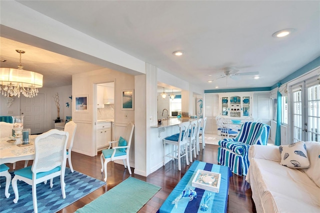 2589 Redwood Cir, Clearwater, FL 33763 - living area with a chandelier, dark wood finished floors, ceiling fan, and recessed lighting