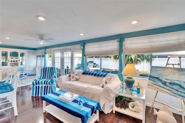 2589 Redwood Cir, Clearwater, FL 33763 - living room featuring french doors, wood finished floors, recessed lighting, and a ceiling fan