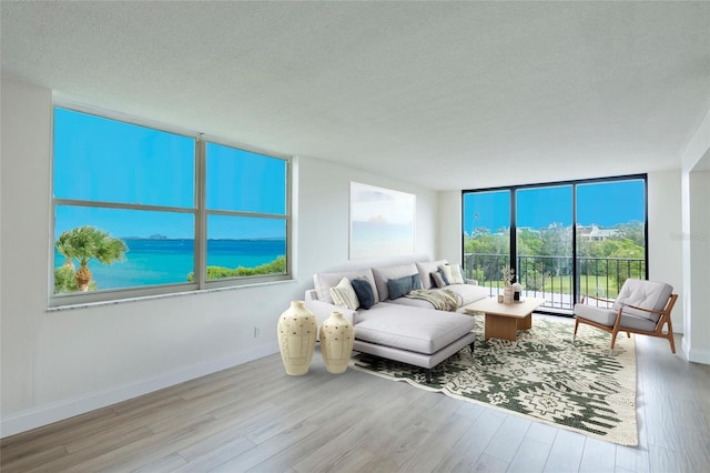 living room with a water view, a wall of windows, and light wood-type flooring