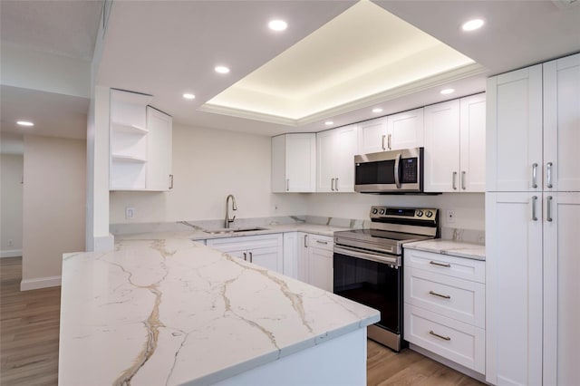 kitchen featuring appliances with stainless steel finishes, sink, white cabinets, and kitchen peninsula