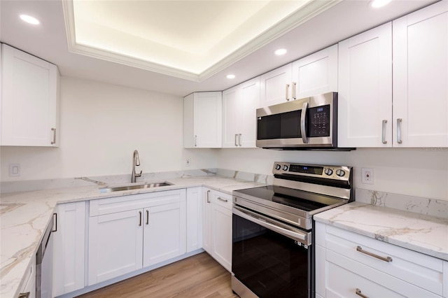 kitchen with sink, stainless steel appliances, light stone counters, white cabinets, and a raised ceiling