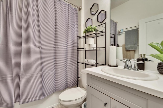 full bathroom with vanity, toilet, and shower / bathtub combination with curtain