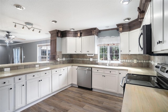 kitchen with a wealth of natural light, sink, white cabinets, ornamental molding, and stainless steel appliances