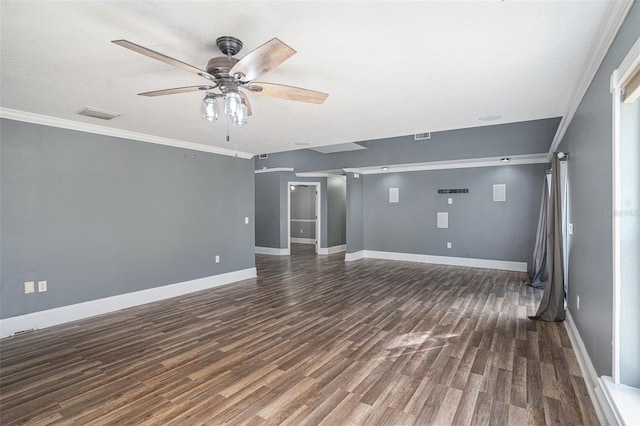 unfurnished living room with crown molding, dark wood-type flooring, and ceiling fan