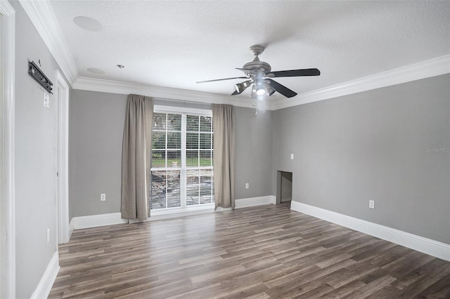 empty room with crown molding, dark hardwood / wood-style flooring, ceiling fan, and a textured ceiling