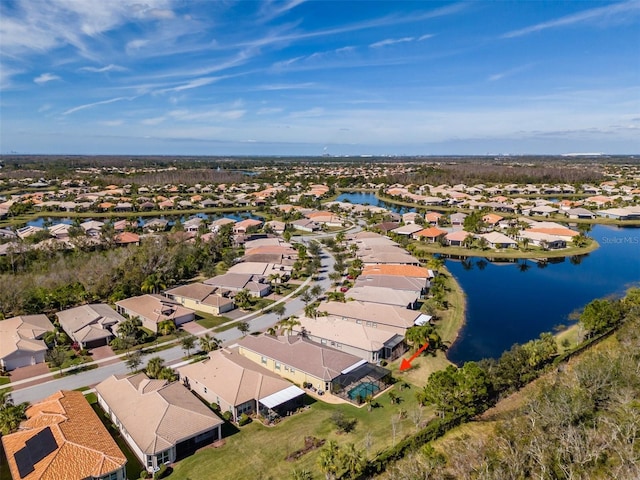 aerial view featuring a water view