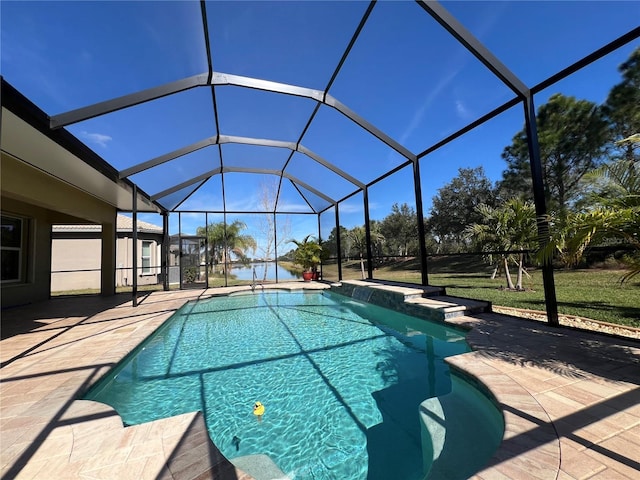 view of swimming pool featuring a patio and glass enclosure