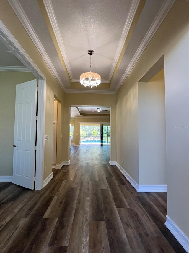 corridor with an inviting chandelier, a tray ceiling, ornamental molding, and dark hardwood / wood-style floors