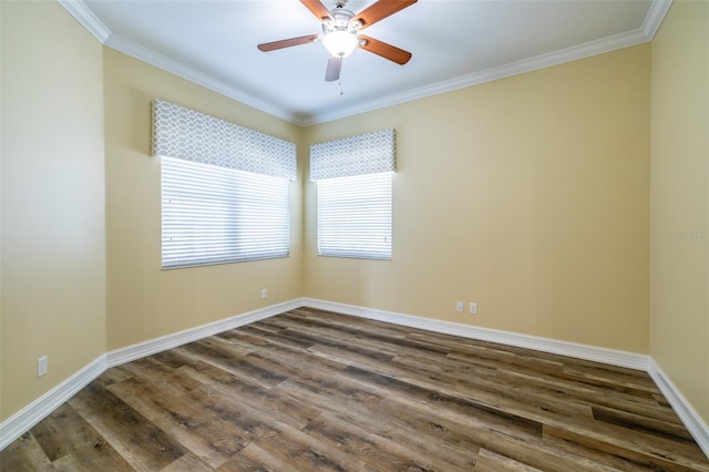 spare room featuring ceiling fan, ornamental molding, and dark hardwood / wood-style flooring