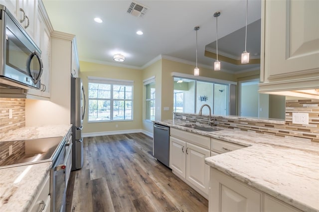 kitchen featuring appliances with stainless steel finishes, dark hardwood / wood-style floors, sink, decorative backsplash, and light stone counters