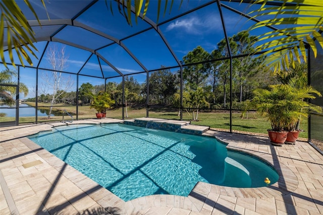 view of pool with a patio area, a lawn, a water view, and glass enclosure