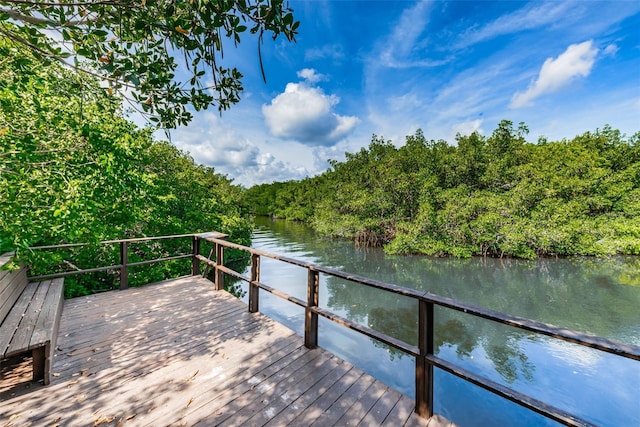 view of dock with a water view