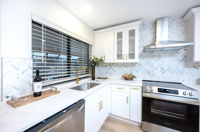 kitchen with wall chimney exhaust hood, sink, white cabinetry, appliances with stainless steel finishes, and backsplash