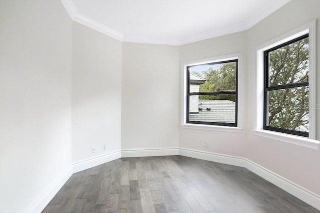 unfurnished room featuring crown molding, plenty of natural light, and hardwood / wood-style floors