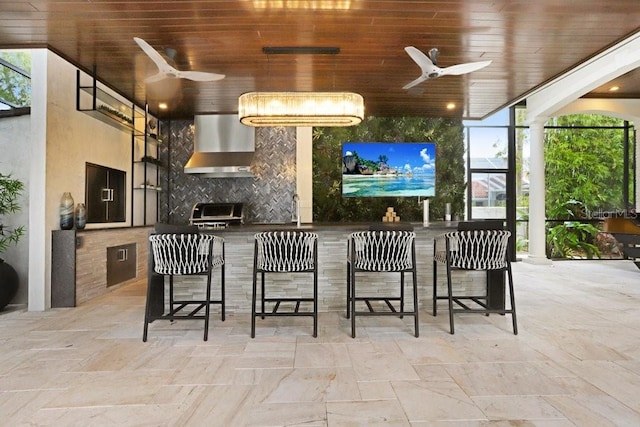 view of patio / terrace with ceiling fan and a wet bar