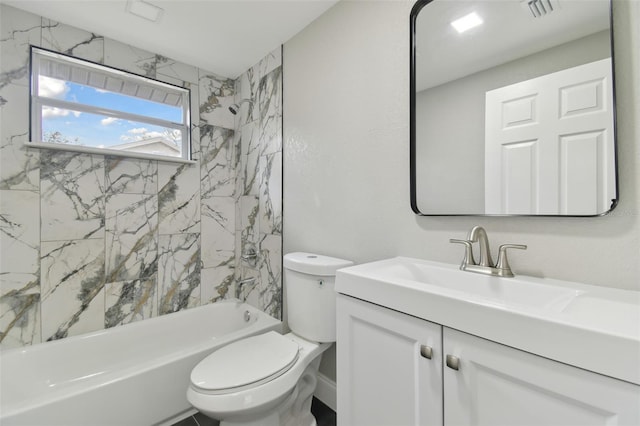 bathroom with visible vents, tub / shower combination, toilet, and vanity