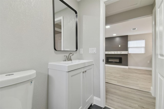 bathroom featuring vanity, a fireplace, and toilet