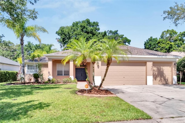 ranch-style house with a garage and a front yard