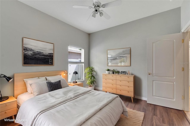 bedroom featuring ceiling fan and dark hardwood / wood-style flooring