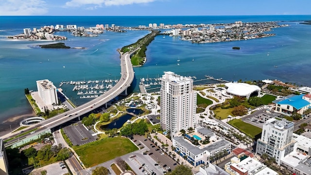 drone / aerial view with a view of city and a water view