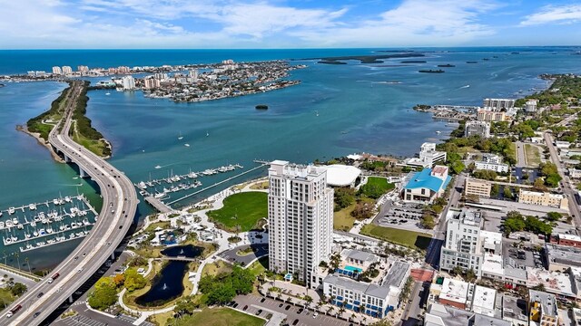 bird's eye view featuring a water view and a city view