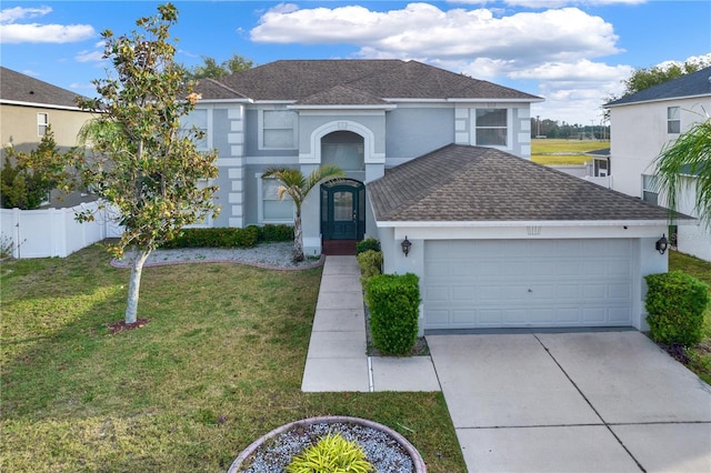 view of front facade with a garage and a front yard