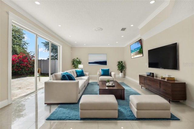 tiled living room featuring crown molding