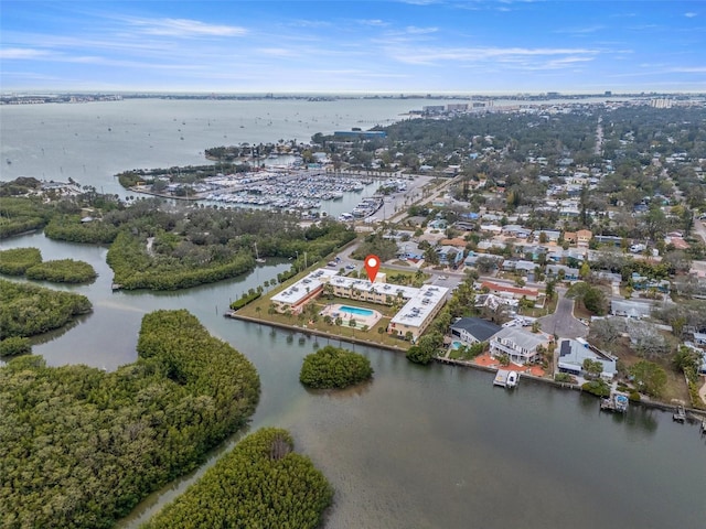 bird's eye view with a water view