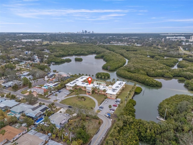 aerial view featuring a water view