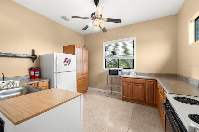 kitchen with sink, electric range, ceiling fan, and white refrigerator