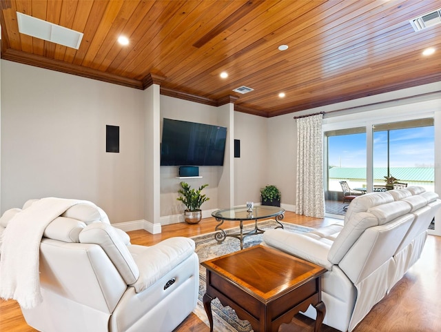 living room with wood ceiling, crown molding, and light hardwood / wood-style floors