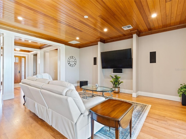 living room with ornamental molding, wooden ceiling, and light hardwood / wood-style flooring