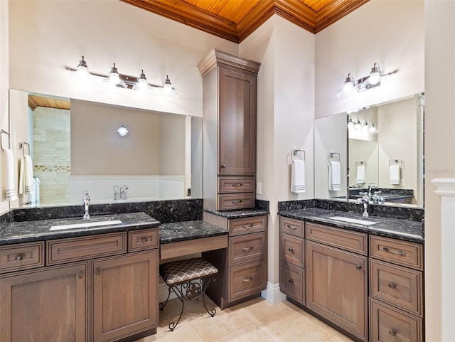 bathroom featuring tile patterned flooring, vanity, wood ceiling, and ornamental molding