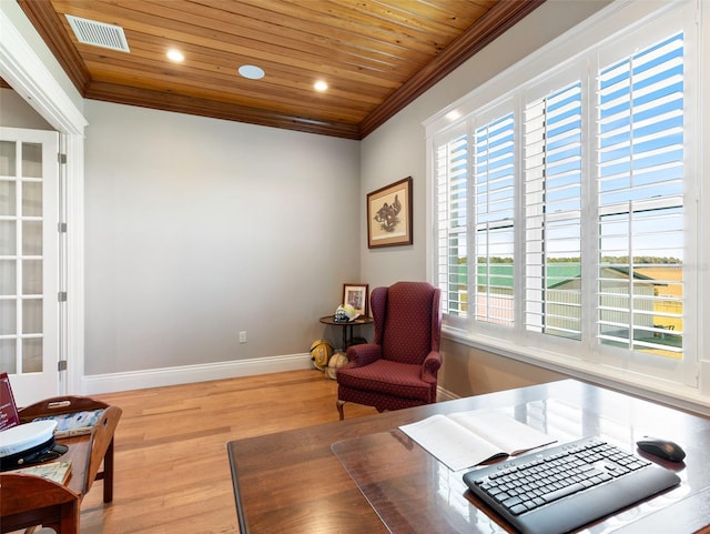 living area with crown molding, wooden ceiling, and light hardwood / wood-style floors