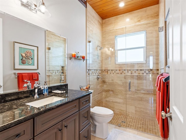 bathroom with tile patterned flooring, vanity, toilet, a shower with door, and wooden ceiling