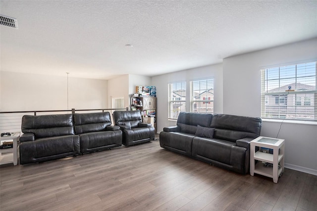 living room featuring wood-type flooring and a textured ceiling