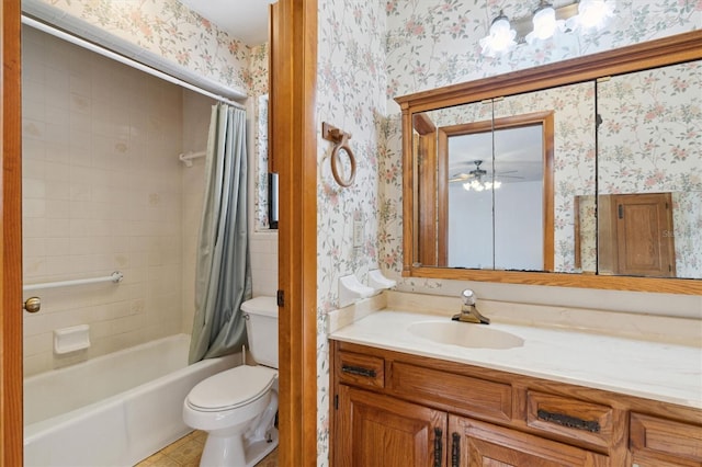 full bathroom featuring vanity, toilet, tile patterned flooring, and shower / bath combo with shower curtain