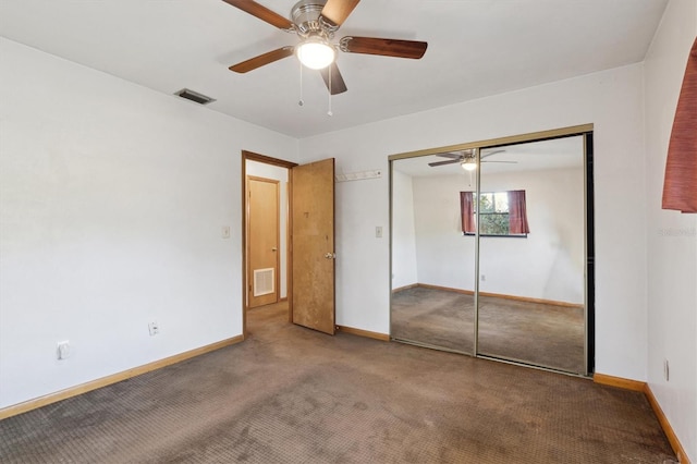 unfurnished bedroom with a closet, ceiling fan, and carpet flooring