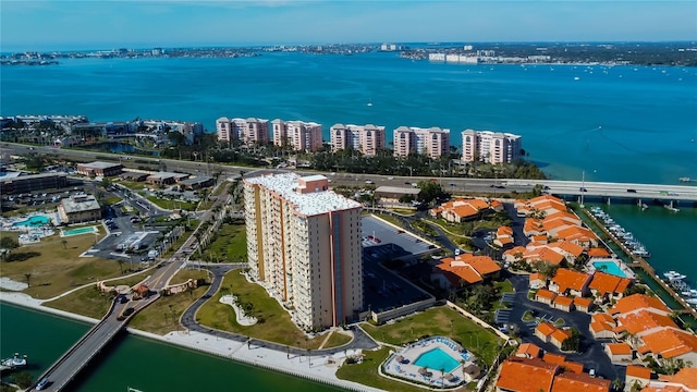 birds eye view of property featuring a water view