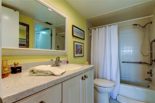 full bathroom with vanity, toilet, and shower / bathtub combination with curtain