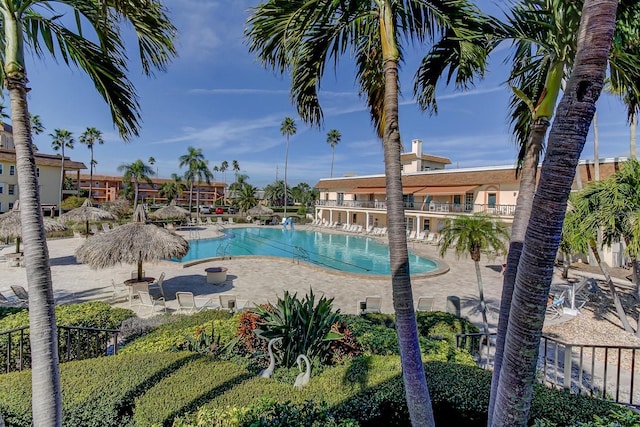 view of swimming pool with a patio area