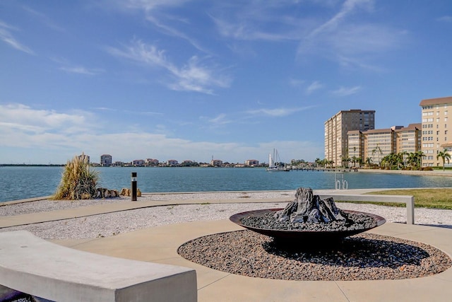 view of water feature featuring an outdoor fire pit