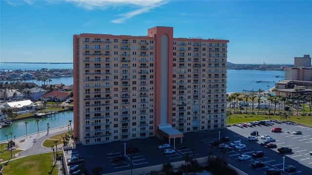 view of building exterior with a water view