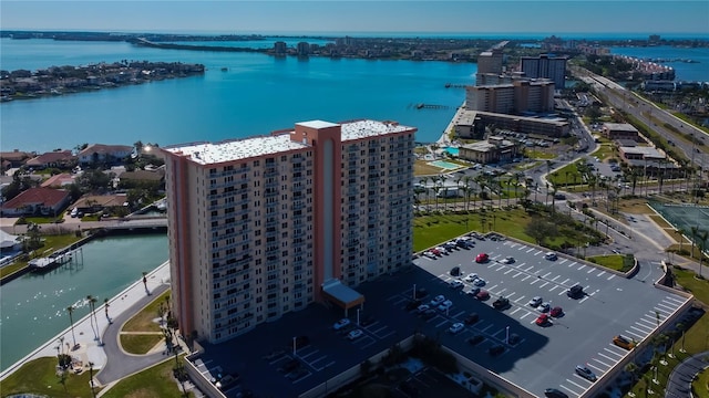 birds eye view of property featuring a water view