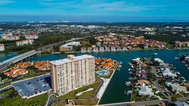 bird's eye view with a water view