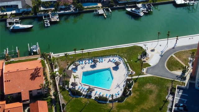 aerial view featuring a water view